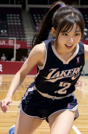 best quality, detailed, beautiful, insanely detailed, absurdres,perfect anatomy, Japanese woman,black hair,27 years old, (slender), (small breasts), full body shot, basketball court, laughing, running, ponytail, basketball uniform, (female player dribbling:1.2), dynamic angle