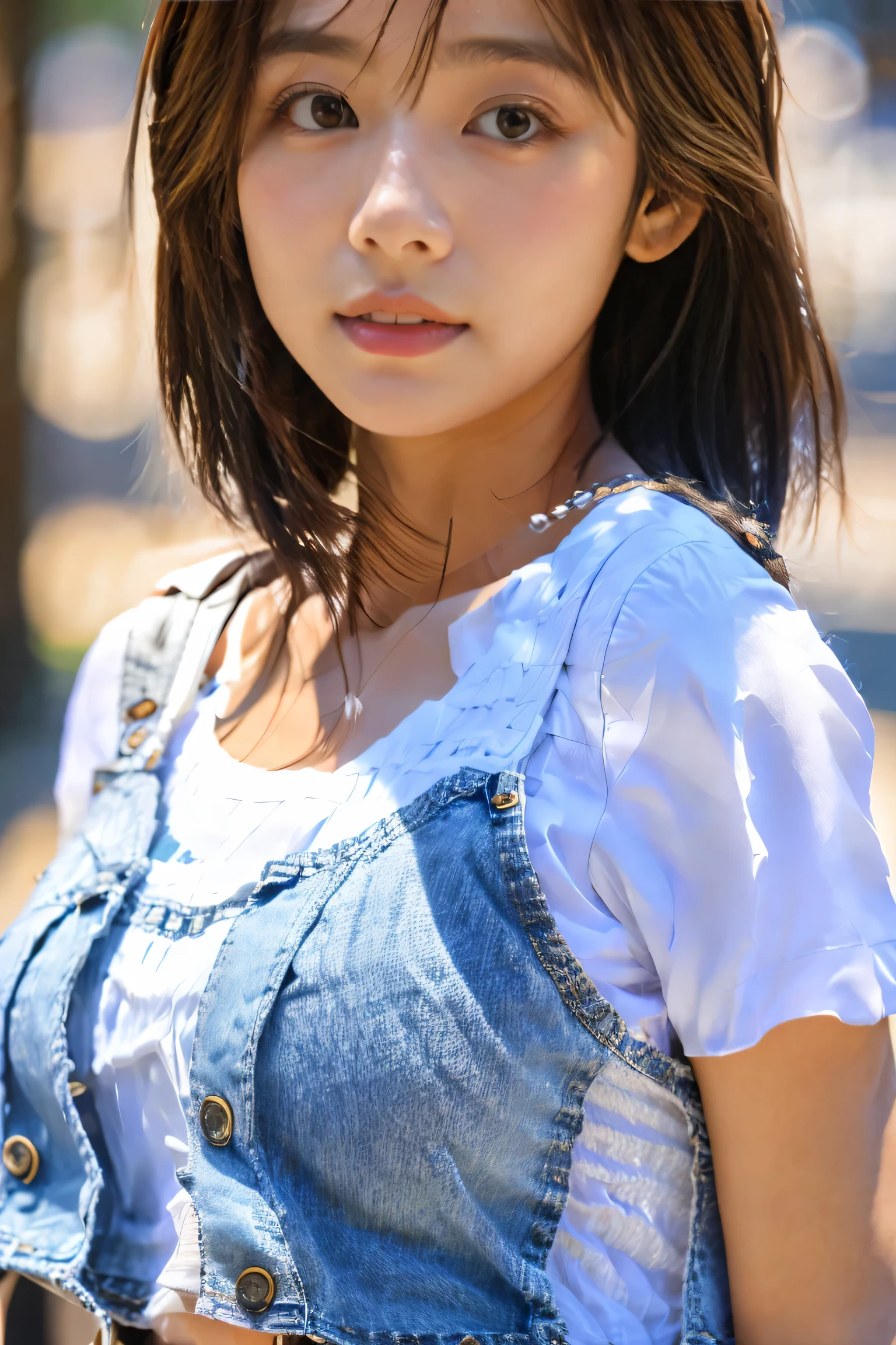 masterpiece, highest quality, Photorealistic, Very detailed, finely, High resolution, 8K Wallpaper, Professional, High level of detail, ((One 18 year old girl:1.2)), Slender Japanese women,cute lips, Detailed clavicle, Mid-chest、Perfect Face, (Cute short hair:1.5), Chestnut Hair、((Braless and white T-shirt:1.5))、((Denim shorts:1.5))