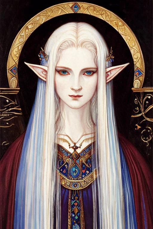 ((best quality)),masterpiece ,detailed, perfect face, painting style, elf, medieval fantasy, White hair, Wizard, Extremely pale skin, Mystic, women, explorer