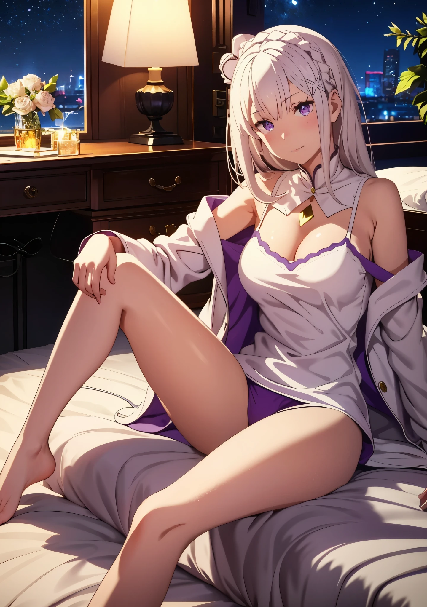 Point of view, 1girl,  Emilia re:zero, purple eyes, Emilia, crown braid, x hair ornament, flower hair ornament, white hair, long hair, medium breasts,, blush, light smile, glow, thighs, bare shoulders, collarbone, narrow waist, cleavage, (masterpiece),(oversized white t-shirt, no pants), (beautiful detailed face, beautiful detailed eyes), bedroom, lying_on_back, spreading legs, bed, night time,