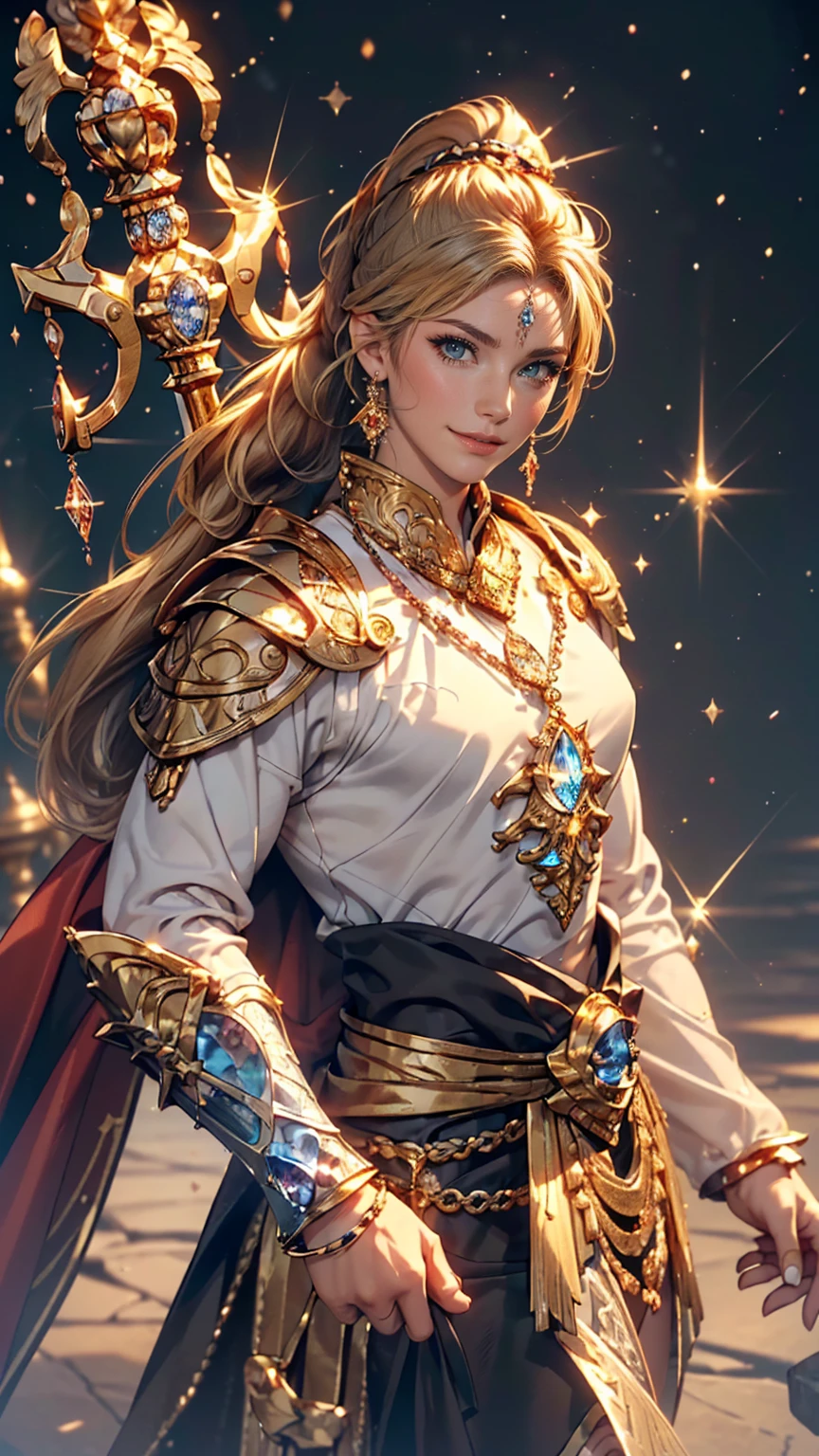 ((最high quality, 8K, masterpiece: 1.3, Ultra HD, high quality, 最high quality, High resolution, realism)) 、25-year-old Caucasian female、blue eyes、long hair、smile、I want my head to stay off screen、Wear accessories on your wrist、Wearing red nail polish、I have a peticure、aerial perspective((atmospheric perspective))、smile((smiley))、Background blur((depth of field)、Crystal Earrings((crystal earrings))、Dark Blonde、Folded ponytail((folded ponytail)、Valkyrie、Wear golden armor、He unsheathes the holy sword he wears at his waist and raises it to the heavens.、art nouveau background