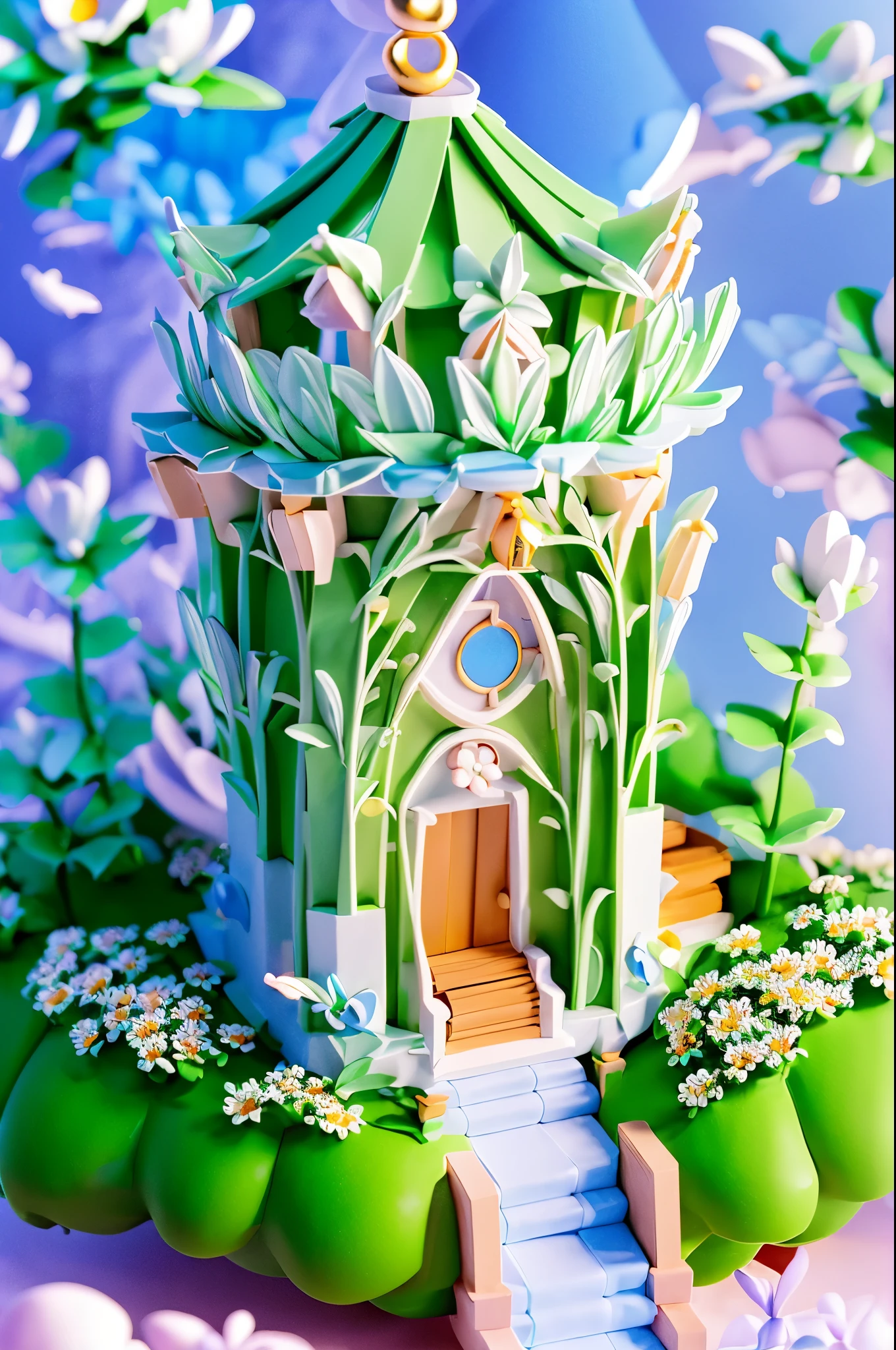 (masterpiece:1.2,best quality,8k,wooden houses with daisies,suspended between the treetops),ultra-detailed,realistic,landscape,colorful palette,soft sunlight,dreamy atmosphere,warm and inviting vibes,bright blue sky,serene environment,delicate floral patterns,impeccable craftsmanship,lush green foliage,subtle shadows,tranquil setting,whimsical charm,flourishing nature,peaceful ambiance,meticulously designed architecture,calm and soothing surroundings,vibrant and lively scene,harmonious blend of nature and human intervention,fantastical elements lightly sprinkled throughout,inviting path leading to the houses,magical essence in the air.