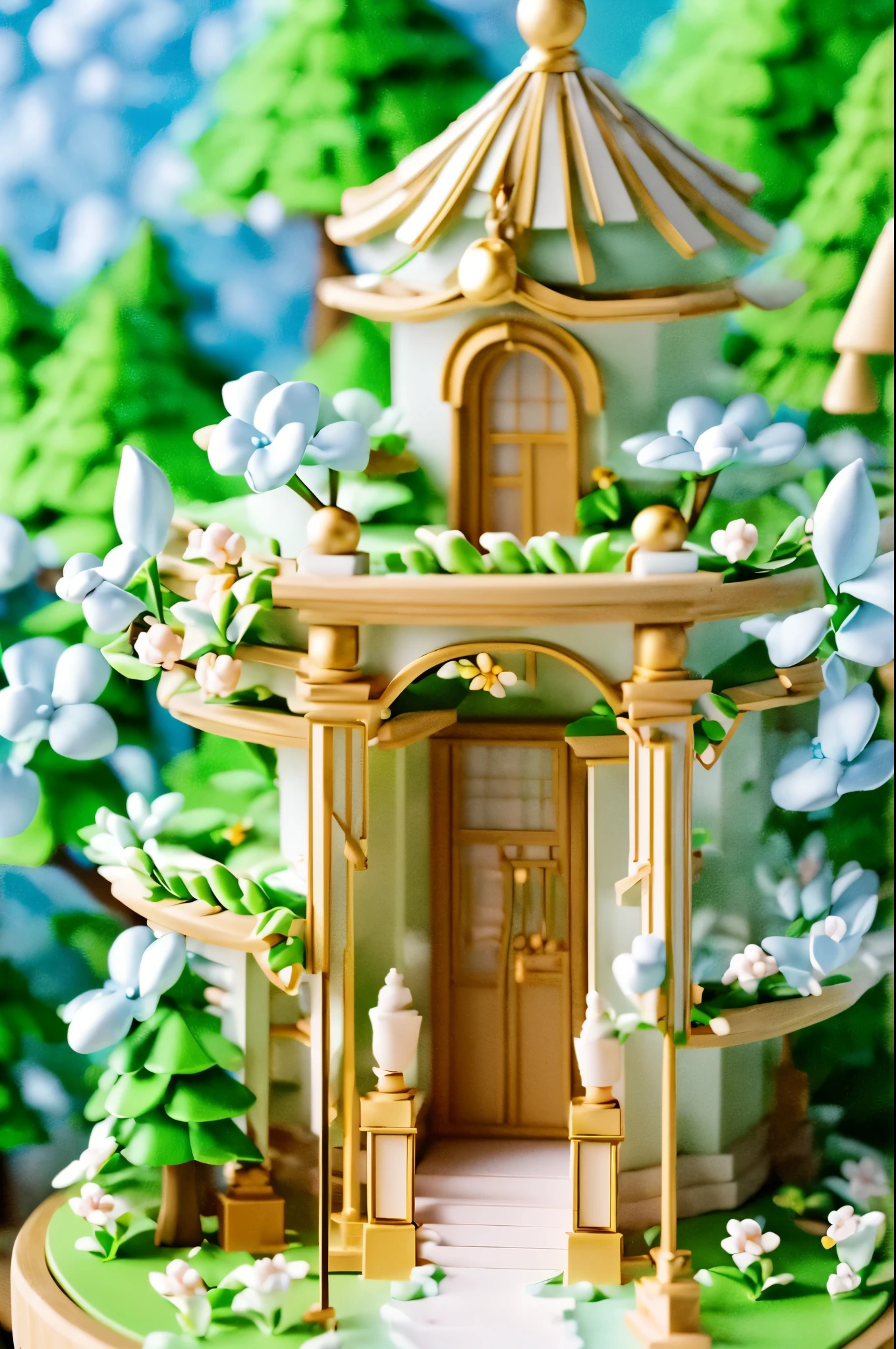 (masterpiece:1.2,best quality,8k,wooden houses with daisies,suspended between the treetops),ultra-detailed,realistic,landscape,colorful palette,soft sunlight,dreamy atmosphere,warm and inviting vibes,bright blue sky,serene environment,delicate floral patterns,impeccable craftsmanship,lush green foliage,subtle shadows,tranquil setting,whimsical charm,flourishing nature,peaceful ambiance,meticulously designed architecture,calm and soothing surroundings,vibrant and lively scene,harmonious blend of nature and human intervention,fantastical elements lightly sprinkled throughout,inviting path leading to the houses,magical essence in the air.