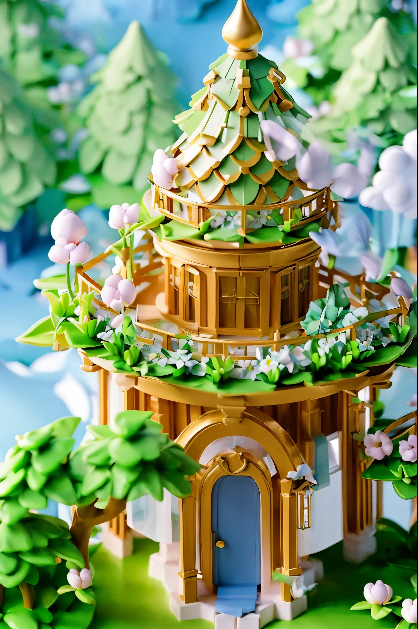 (masterpiece:1.2,best quality,8k,wooden houses with daisies,suspended between the treetops),ultra-detailed,realistic,landscape,colorful palette,soft sunlight,dreamy atmosphere,warm and inviting vibes,bright blue sky,serene environment,delicate floral patterns,impeccable craftsmanship,lush green foliage,subtle shadows,tranquil setting,whimsical charm,flourishing nature,peaceful ambiance,meticulously designed architecture,calm and soothing surroundings,vibrant and lively scene,harmonious blend of nature and human intervention,fantastical elements lightly sprinkled throughout,inviting path leading to the houses,magical essence in the air.