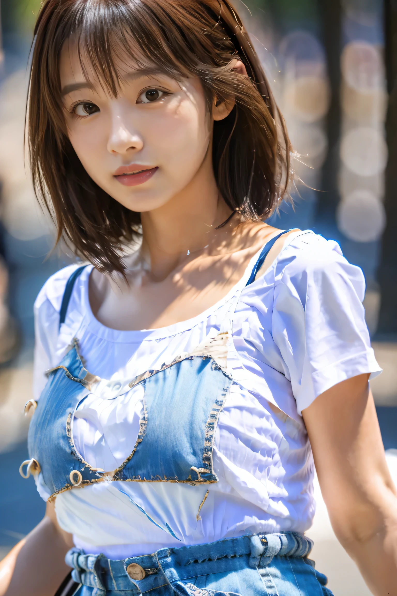 masterpiece, highest quality, Photorealistic, Very detailed, finely, High resolution, 8K Wallpaper, Professional, High level of detail, ((One 18 year old girl:1.2)), Slender Japanese women,cute lips, Detailed clavicle, Mid-chest、Perfect Face, (Cute short hair:1.5), Chestnut Hair、((Braless and white T-shirt:1.5))、((Denim shorts:1.5))