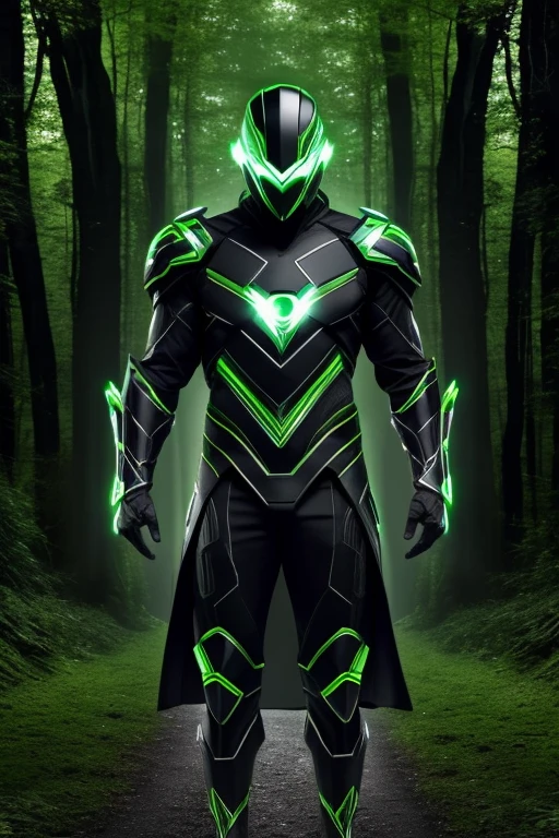 armatidu, a metahuman protector of nature, his clothes are made of high-tech armor, green with black lines, wears a visor with dark black glass covering his eyes. alert pose, forest background, full view
