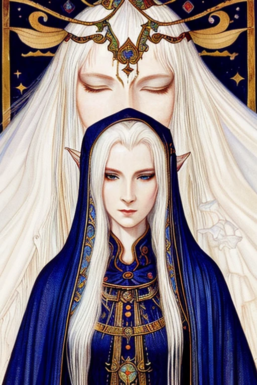 ((best quality)),masterpiece ,detailed, perfect face, painting style, elf, medieval fantasy, White hair, Wizard, Extremely pale skin, Mystic, lady, explorer