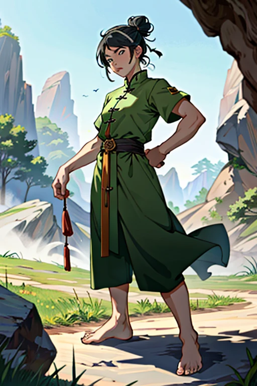 masterpiece, best quality, highres, 1girl, solo, black hair, hairband, belt, short hair, dress, blue eyes, hair bun, green hairband, blind, chinese clothes, hair bun, green dress, short sleeves, pelvic curtain, barefoot, fighting stance, rock, outdoors,Detail, realism, 4k, -yeld gi face detail, earth bending, powerful, toph beifong, battle, strength, full body, short,, fists, EARTH BENDING, brute, standing, Hung Ga kung fu, head tilted down, both hands facing her cupped, green pants, strong, short, foot crashing into ground, epic