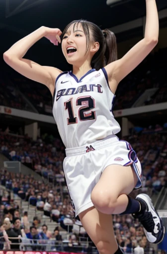 best quality, detailed, beautiful, insanely detailed, absurdres,perfect anatomy, Japanese woman,black hair,27 years old, (slender), (small breasts), full body shot, basketball court, laughing, running, ponytail, basketball uniform, (Female player making a dunk shot:1.2), dynamic angle