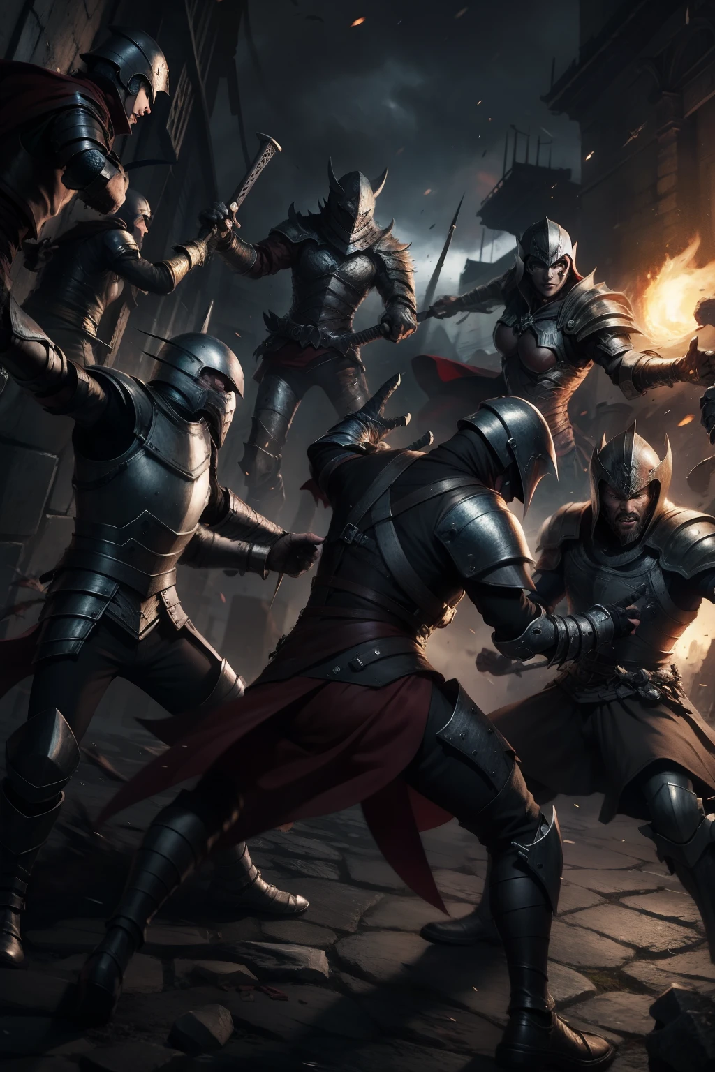 4K image quality,Generate a complex picture with 20 people in armor fighting,Game style pictures