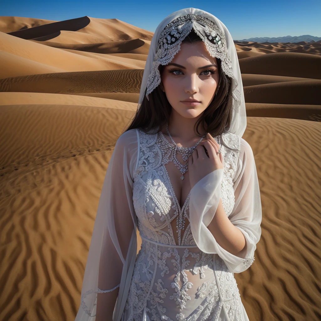 intricate photo of "Rosita" wearing a modest dress and a face cover, representing the traditional customs and values of Morocco. She is depicted with grace and elegance yet voluptuous, symbolizing the beauty that lies beneath the veil. The bride is dressed in a (flowing, long-sleeved gown)1.2 made from luxurious fabrics, showcasing intricate (embroidery)1.4 and delicate (lace)1.3 details. The dress is designed to cover her entire body, exemplifying modesty and refinement. Her head is adorned with a (decorative headpiece)1.2, featuring (subtle embellishments)1.3 that complement her attire. A sheer (face cover)1.4 is worn, revealing only her bright eyes, adding an aura of mystery and intrigue. Her big light eyes are captivating, accentuated with (subtle eye makeup)1.2 that highlights their natural beauty. Her lips are adorned with a soft, (neutral shade)1.3, enhancing her curvy features while maintaining a modest appearance. The background portrays the vast expanse of the desert, with (sand dunes)1.4 stretching endlessly under a serene sky. The golden hues of the setting sun cast a warm and enchanting glow. Overall, the illustration celebrates traditional values, showcasing her beauty, grace, and adherence to modesty. It captures the rich cultural heritage of Morocco and the captivating allure of the bride's concealed beauty.