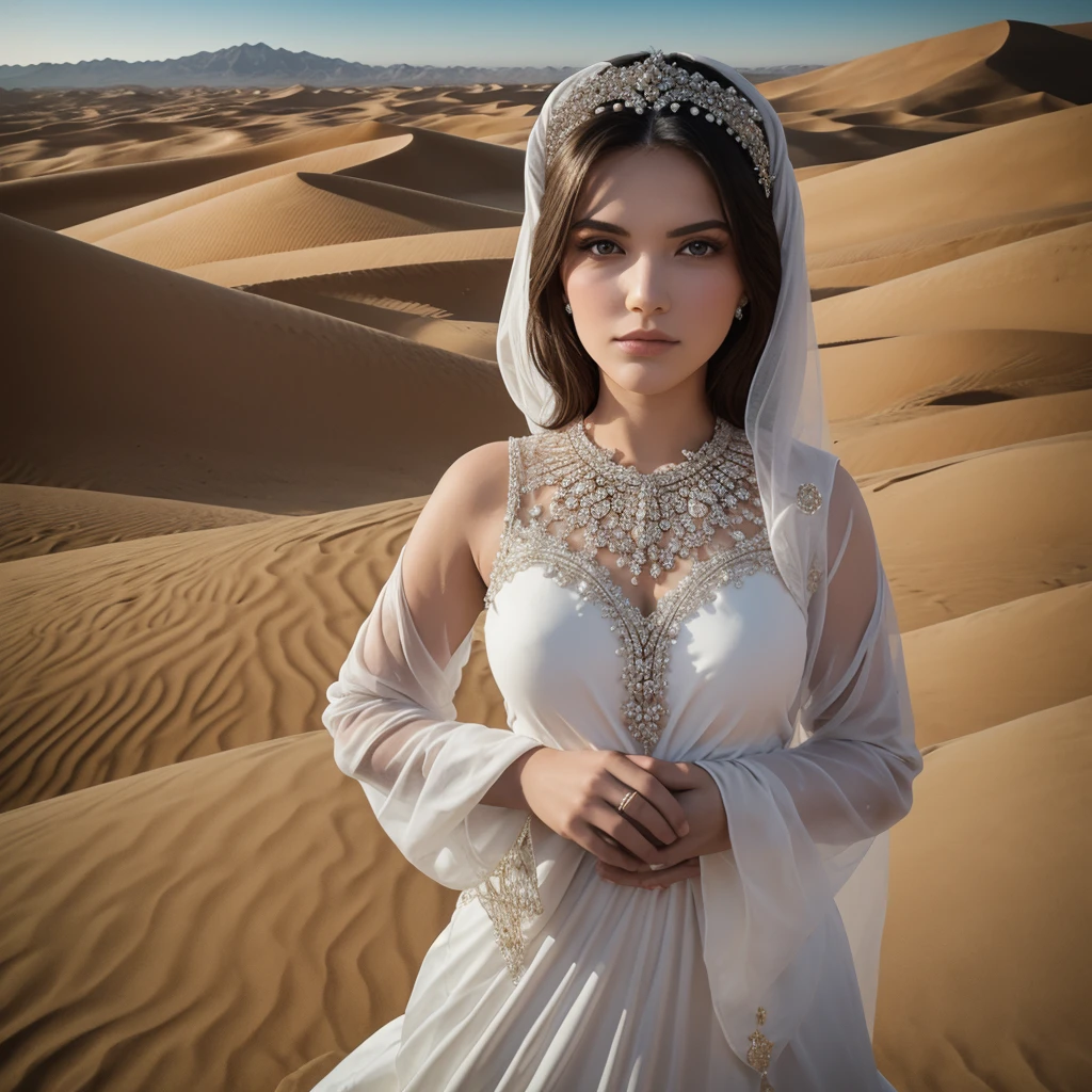 intricate photo of "Rosita" wearing a modest dress and a face cover, representing the traditional customs and values of Morocco. She is depicted with grace and elegance yet voluptuous, symbolizing the beauty that lies beneath the veil. The bride is dressed in a (flowing, long-sleeved gown)1.2 made from luxurious fabrics, showcasing intricate (embroidery)1.4 and delicate (lace)1.3 details. The dress is designed to cover her entire body, exemplifying modesty and refinement. Her head is adorned with a (decorative headpiece)1.2, featuring (subtle embellishments)1.3 that complement her attire. A sheer (face cover)1.4 is worn, revealing only her bright eyes, adding an aura of mystery and intrigue. Her big light eyes are captivating, accentuated with (subtle eye makeup)1.2 that highlights their natural beauty. Her lips are adorned with a soft, (neutral shade)1.3, enhancing her curvy features while maintaining a modest appearance. The background portrays the vast expanse of the desert, with (sand dunes)1.4 stretching endlessly under a serene sky. The golden hues of the setting sun cast a warm and enchanting glow. Overall, the illustration celebrates traditional values, showcasing her beauty, grace, and adherence to modesty. It captures the rich cultural heritage of Morocco and the captivating allure of the bride's concealed beauty.