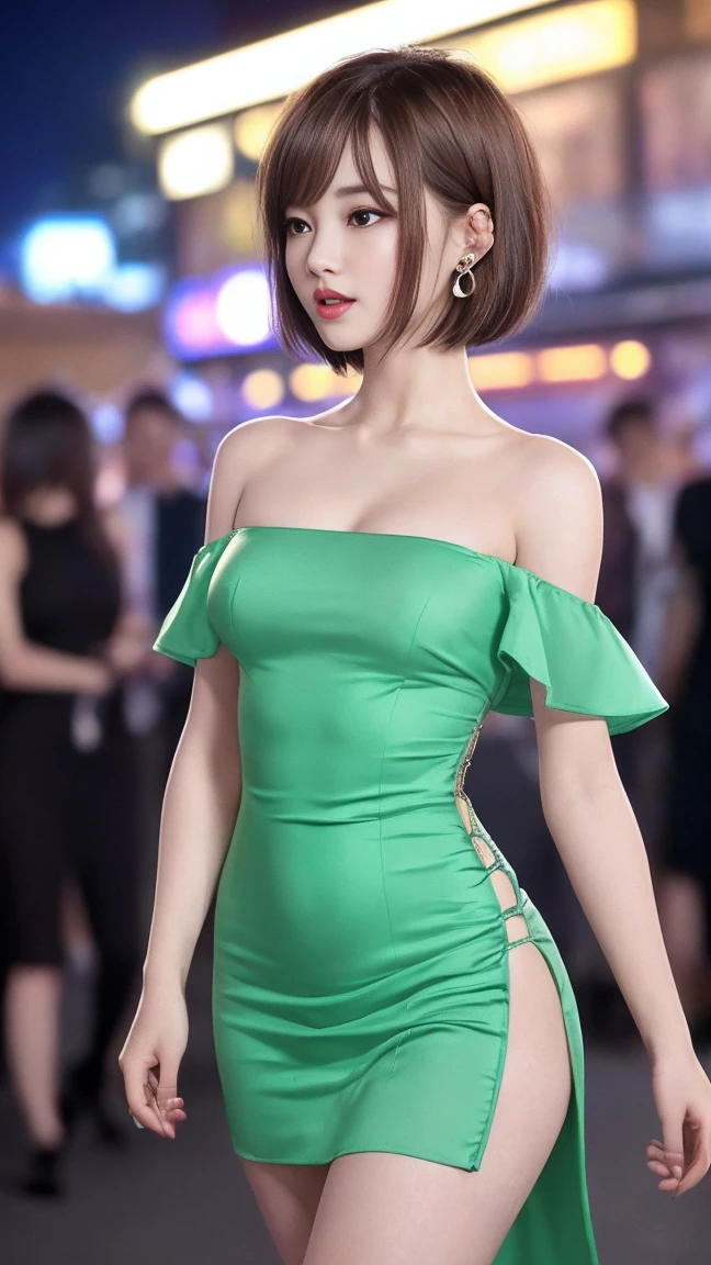 ((masterpiece:1.2, 8K:1.2, RAW photos,:1.2 realistic:1.2,very detailed:1.2, Best image quality:1.2,ultra high definition:1.2,best quality:1.2,cinematic light,Depth of recorded boundary)),1 cute girl,(sexy ),It's surprisingly cute,detailed eyes,long eyelashes,double eyelid,light makeup,slim body,perfect proportions,big bust,split,thin waist,arch your back,surprisingly short hair,(very short bob),((pixie cut:1.2)),light brown hair,Messy and unkempt hair,laugh,((tight dress)),((dress that fits well)),(((tube top dress)),((off shoulder dress)),((sleeveless dress)),(Short lengthワンピース),shoulder exposure,bare shoulders,(Short length),((One piece without shoulder straps)),long side slits,I can see your panties,thighs,魅力的なthighs,(audience view),dynamic,earring,((fascination:1.2)),Street at night、small neon sign,(Dress with intricate details),((walk)),((fascination적인 포즈)),