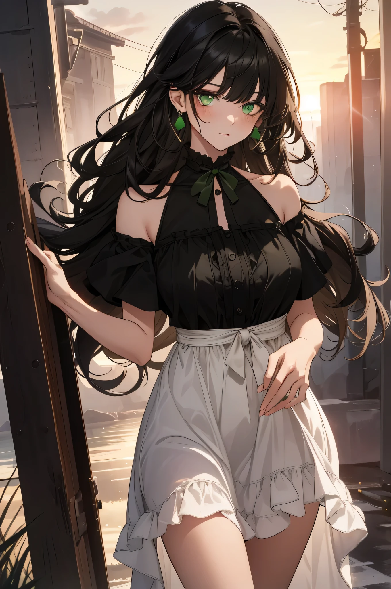 (top quality, masterpiece, high quality, ultra-delicate), ((beautiful girl)), ((Dark black hair)), mature, graceful curves, (long hair, long bangs), ((bright green eyes)), detailed eyes, modern clothing, bangs, fashionable clothing, black collar, ((long white sundress)), casual ribbon, large breast and chest, charm, fashion, sunset in the background small blush, thick thighs, breast, green earrings.