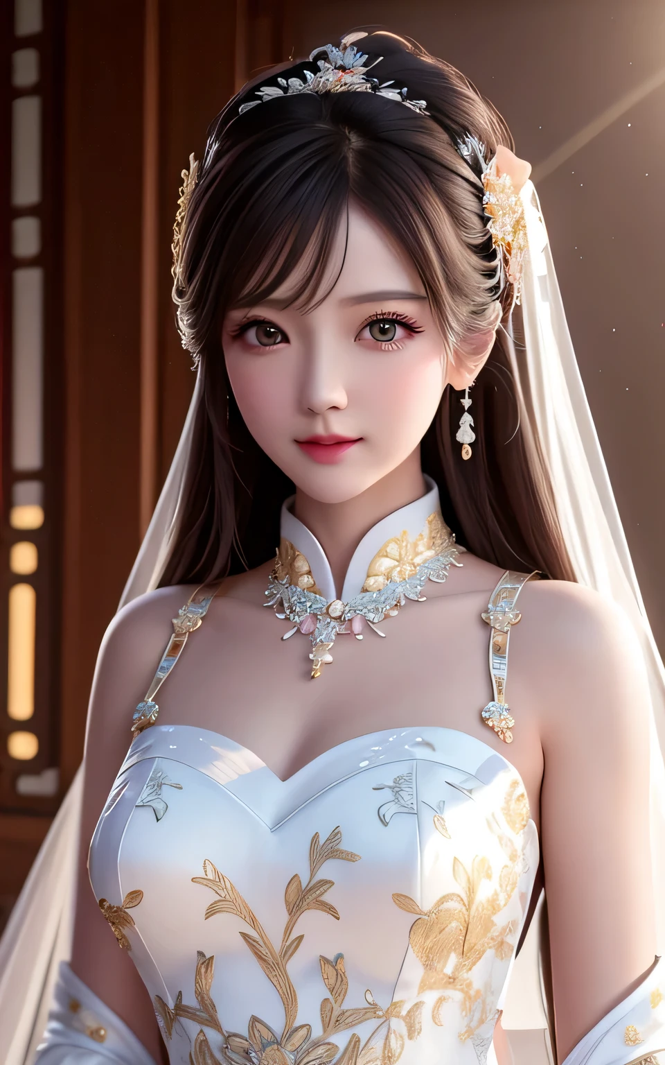 best quality, Masterpiece, high resolution, 1 woman,Chinese Wedding Dresses,hair accessories,necklace, decorate,Beautiful face,above_body, Tyndall Effect,realistic, dark studio, Edge lighting, Two color lights,(Highly detailed skin:1.2), 8K Ultra HD, SLR camera, soft light, High quality, Volumetric light, confess, photo, high resolution, 4k, 8k, Bokeh