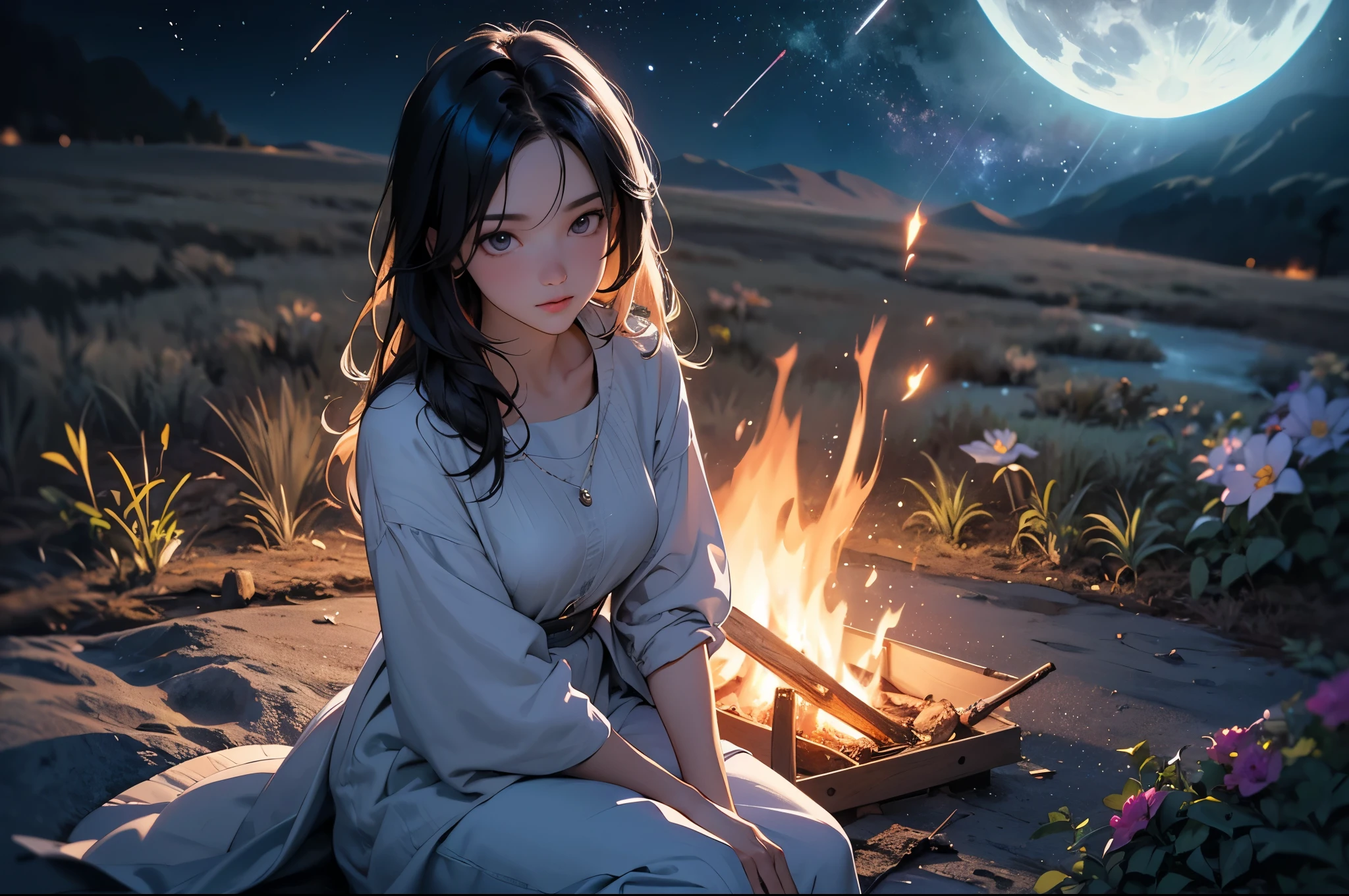 a cozy campfire burning brightly, flickering, absurd res, view the viewer, solofocus, Dynamic Angle, Ultra-fine, depth of field, wide shot, expansive landscape photograph ,( a view from above that shows field below,) a girl sitting on flower field looking at campfire, (full moon), (shooting stars), (nebula), distant mountain, tree , production art, (warm light source:1.2), (Firefly:1.2), lamp,(campfire, warm flames flickering), intricate details, volumetric lighting , (masterpiece:1.2), (best quality), 4k, ultra-detailed, (dynamic composition:1.4), highly detailed, colorful details,( iridescent colors:1.2), (glowing lighting, atmospheric lighting), dreamy, magical, lens flare, (colorful), Cinematic light, high-res, sharp focus, smooth, colorful light, particles, galaxy colors scheme