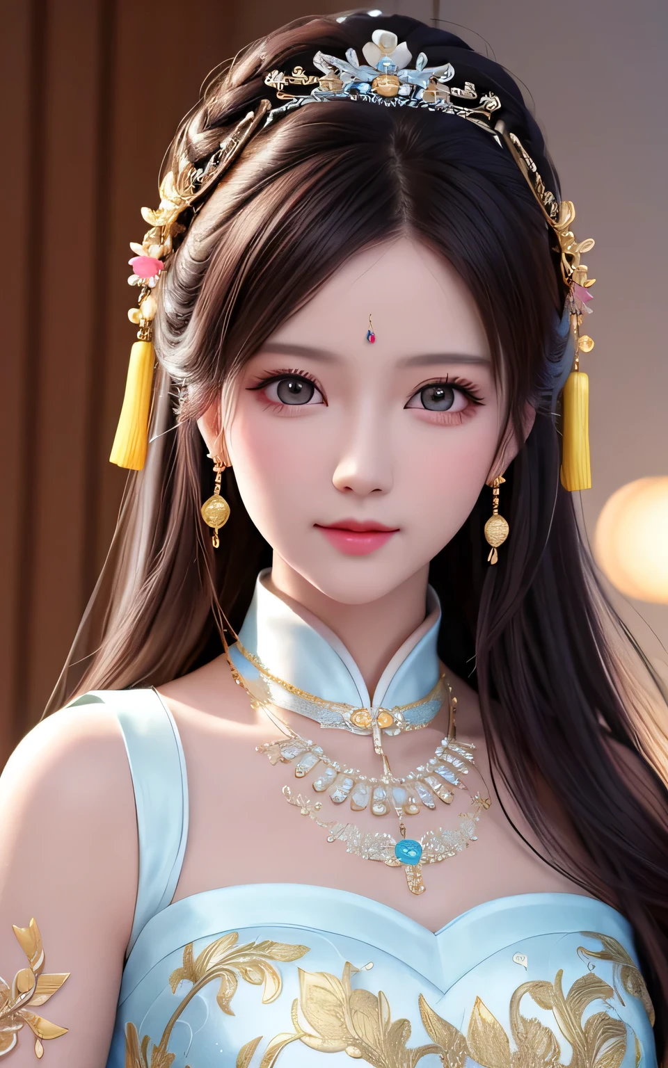 best quality, Masterpiece, high resolution, 1 woman,Chinese Wedding Dresses,hair accessories,necklace, decorate,Beautiful face,above_body, Tyndall Effect,realistic, dark studio, Edge lighting, Two color lights,(Highly detailed skin:1.2), 8K Ultra HD, SLR camera, soft light, High quality, Volumetric light, confess, photo, high resolution, 4k, 8k, Bokeh