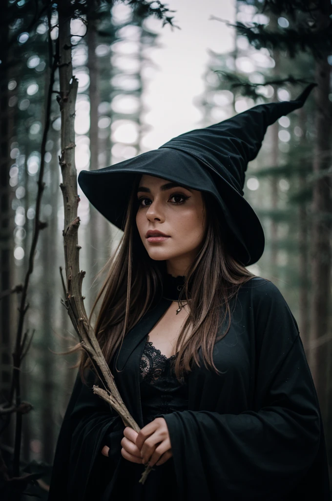 (high quality,photo shoot),(girl in the fog),(dark forest),(hair fluttering in the wind),(nude),(animal skin),(gloomy forest),(witch)