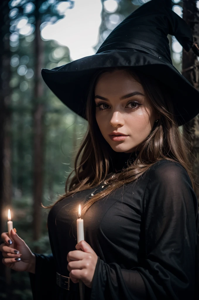 beautiful detail, best quality, 8k, highly detailed face and skin texture, high resolution, beautiful girl in black long dress with witch hat in forest at night, under candle light, darkest atmosphere, sharp focus