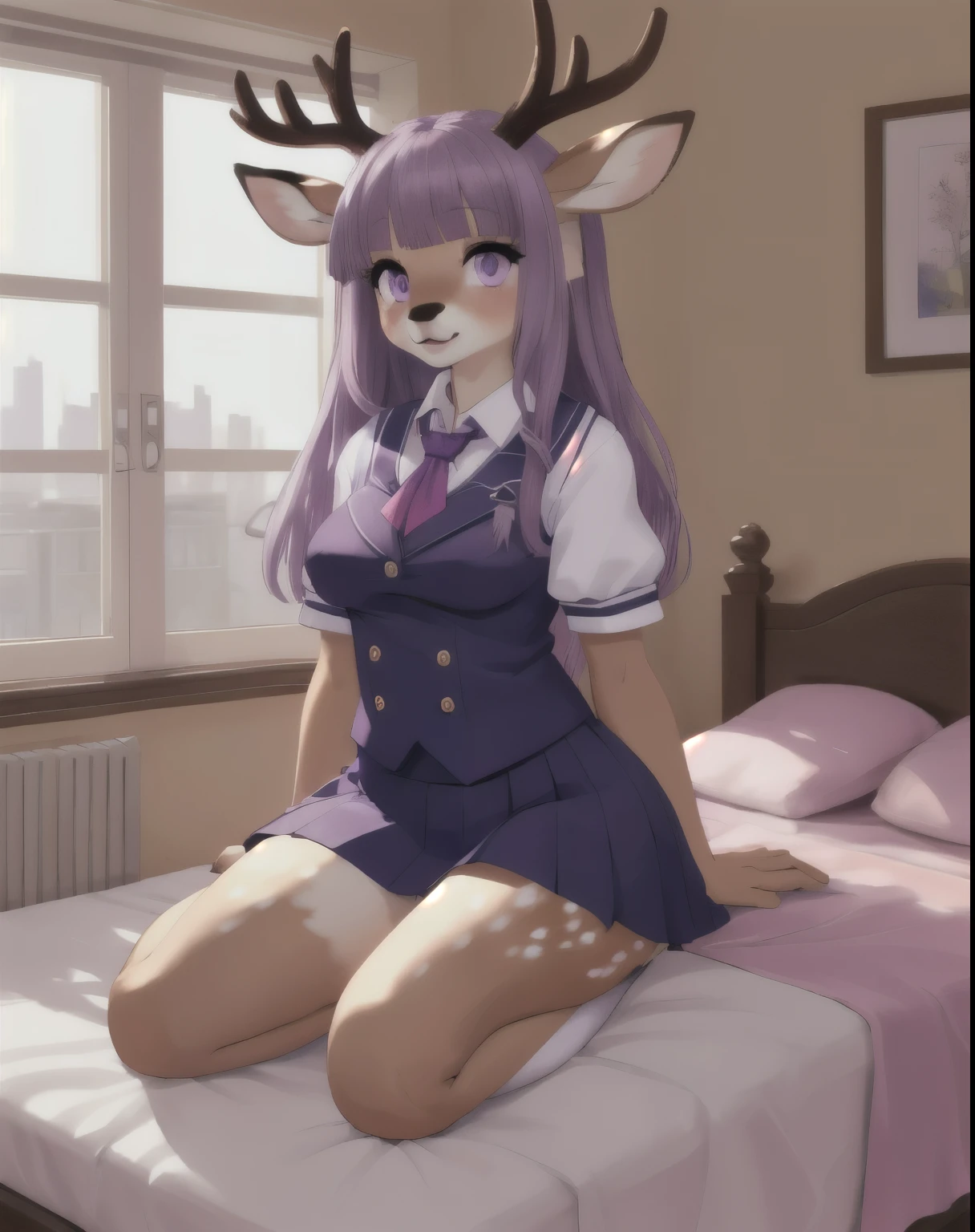 1girl, (Feminine), curvy body, solo, masterpiece, room, bed, scenery, (deer girl:1.2), deer, short purple hair, purple eyes, (naked), ((high colors))