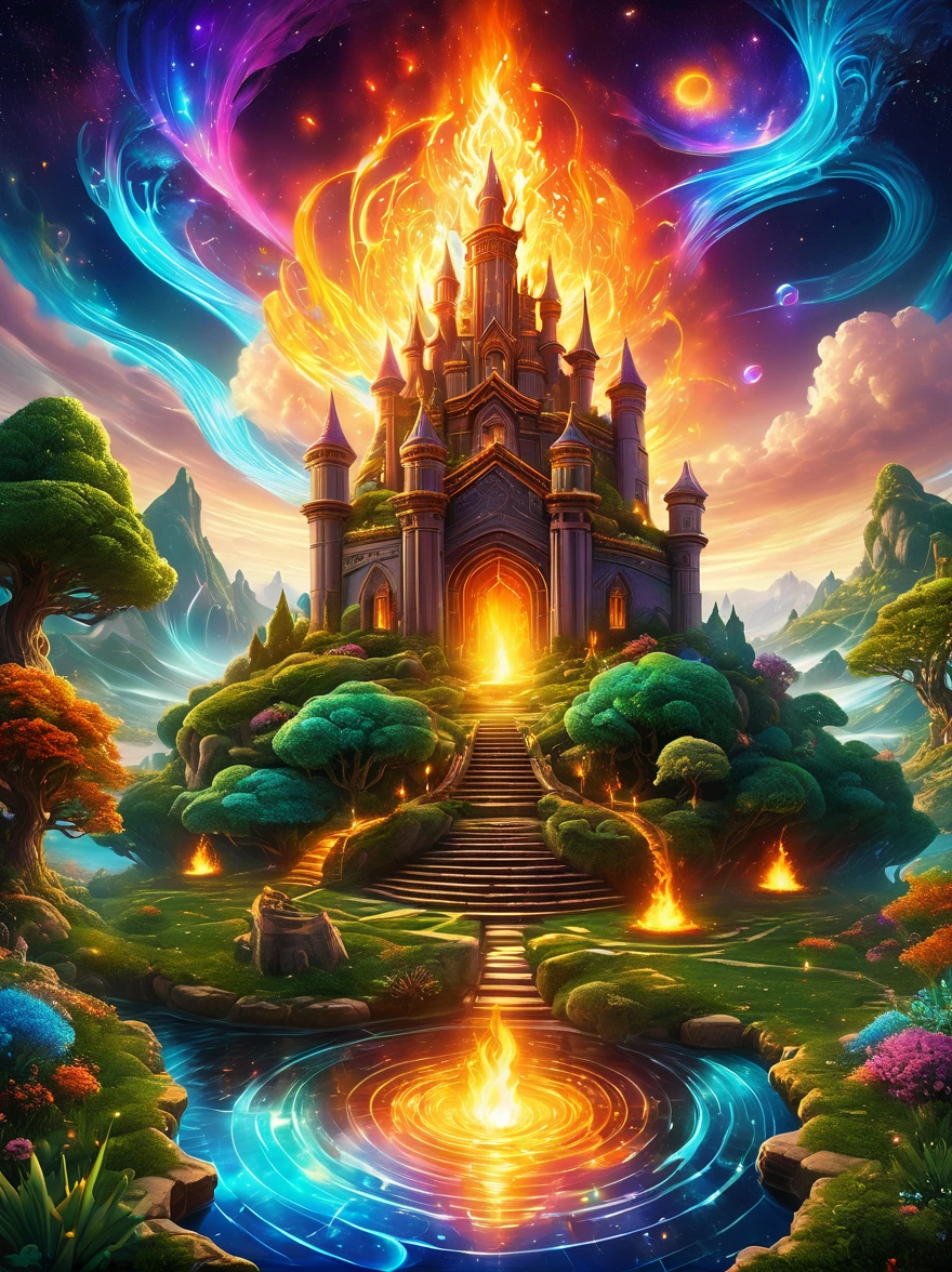 Magical World，Ancient and mysterious castle，(bonfire:1.5)，gemstone decoration，glowing plant，Silver Creek，Colored clouds，Strange creatures，Huge magic library，Rich collection of Bookagic waves，(城堡前的一堆bonfire在燃烧:1.6)，distant galaxy，Field of magic，Learning Magician，Glowing magic symbol，A land of dreams，Time and space distortion，River of Light，Magic Garden, Ultra wide angle, Upward view, Knee strikes(Xx), full length shot(FLS), High Detail, high resolution, Super quality, detailed, Surrealism,