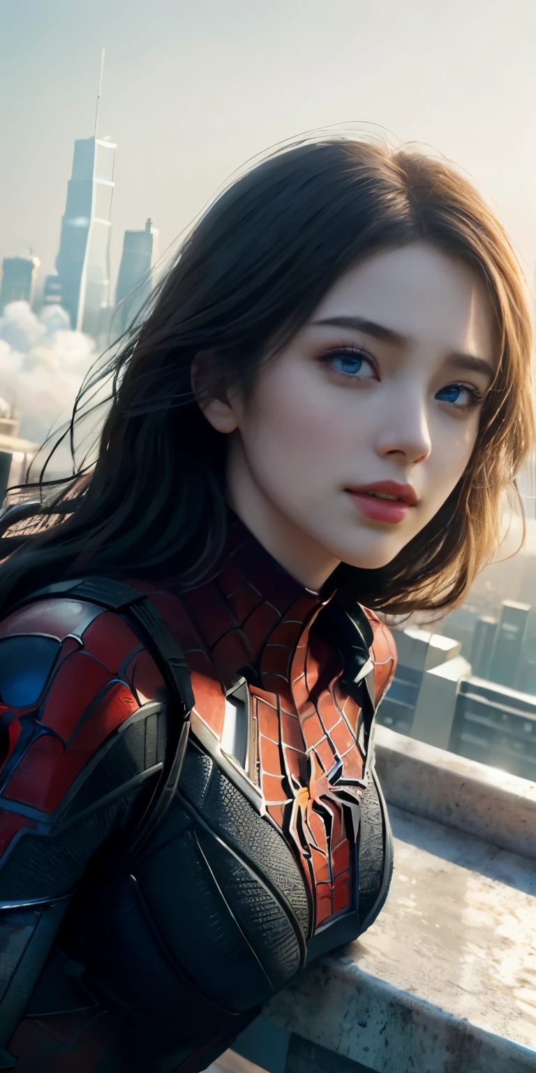 (1girl:1.3), Solo, (((Very detailed face)))), ((Very detailed eyes and face)))), Beautiful detail eyes, Body parts__, Official art, Unified 8k wallpaper, Super detailed, beautiful and beautiful, beautiful, masterpiece, best quality, original, masterpiece, super fine photo, best quality, super high resolution, realistic realism, sunlight, full body portrait, amazing beauty, dynamic pose, delicate face, vibrant eyes, (from the front), She wears Spider-Man suit, red and black color scheme, spider, very detailed city roof background, rooftop, overlooking the city, detailed face, detailed complex busy background, messy, gorgeous, milky white, highly detailed skin, realistic skin details, visible pores, clear focus, volumetric fog, 8k uhd, DSLR, high quality, film grain, fair skin, photo realism, lomography, futuristic dystopian megalopolis, translucent