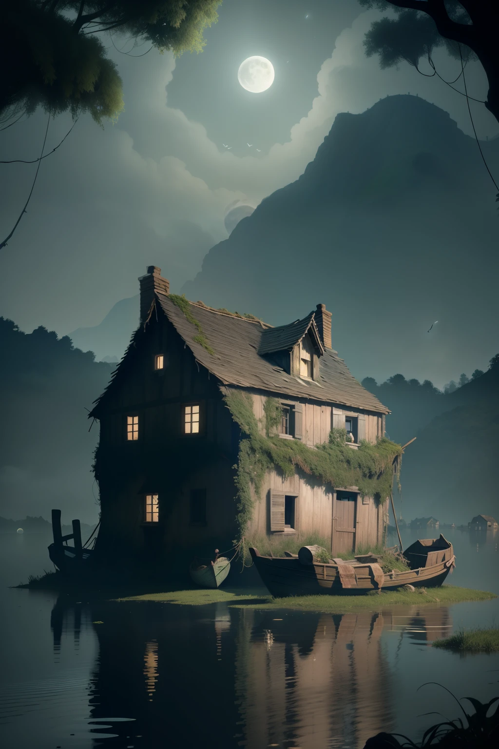 In the heart of an ancient village, nestled between the rolling hills and the dark, still lake, a peculiar sight could be observed. As the moon began to rise, an eerie full dark moon emerged, casting long, haunting shadows over the quiet scene. In the village square, an old ship, once grand and majestic, now weathered and worn, sat abandoned and overgrown with vines. Its sails, tattered and torn, flapped softly in the gentle breeze. As if pulled from a thrilling 3D adventure, the village folk huddled together in their homes, whispering tales of the boat's mysterious past. Some believed it was cursed, others claimed it was haunted,