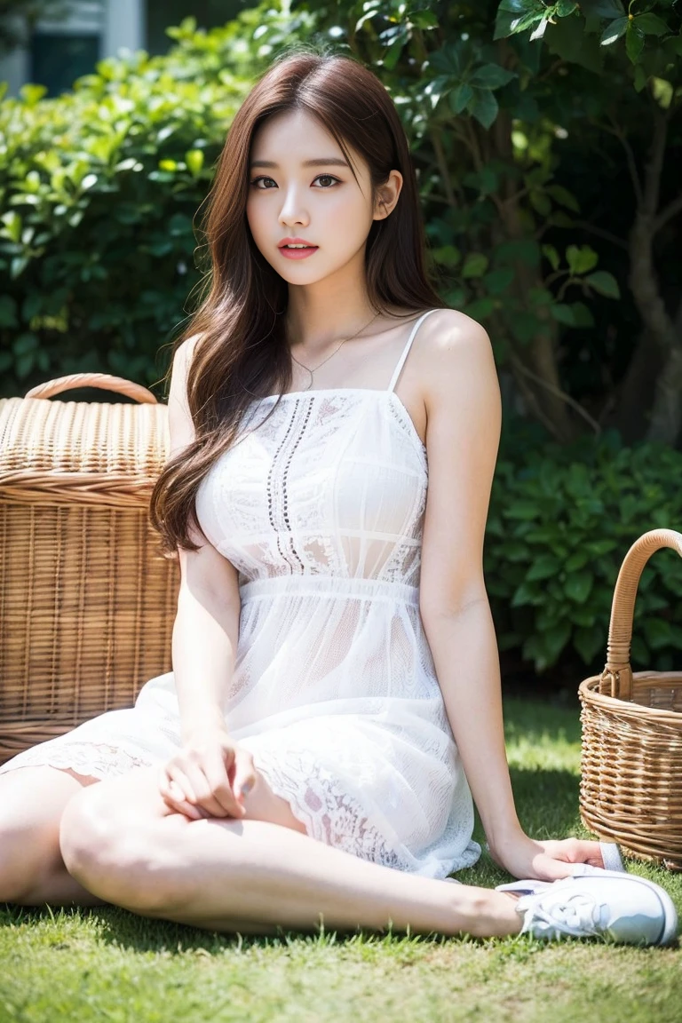 Dark brown hair、Light brown eyes、Day本の女優の顔、 Lady、I&#39;Iは彼とIが好きです&#39;I&#39;Iは40歳くらいです.、(Intricate details:1.2)、(Which is the top????:1.4)、 (Ultra-high resolution:1.2)、Ultra-high resolution、(Finely tuned)、(Detailed facial features)、8k resolution、D cup size breasts、Long Hair、garden、贅沢なnull間、relax、、,Full body photo、Head to toe shot、Beautiful legs、Beautiful legs、陽光あふれるリフレッシュなgarden、she, 家garden用品,   (plant:0.8), Fashion Hub, Very detailed, Very detailed, Realistic, Hourglass Shaped Body, Obscene pose,、、I cry a lot、tears、person on the left、relaxした表情、Pose of Weakness、(auraroid photo:1.2)、透明絵画のmasterpiece、8k、32k、highest quality、(Details of both eyes)、1 girl、elegant、(Long dress　Resort、white :1.4)、Hilarious、Looking at the camera、summer、picnichighest quality,masterpiece,
cloud,One girl,flower,Outdoor,null,picnic,Grass,food,Day,,wood,blue null,picnic basket,behind,yellow flower,Wide Shot,basket,pink flower,alone,,cloud、 null,Open your mouth,flowerびら,Viewers looking at paintings,、Sit on a cloth laid out on the grass、