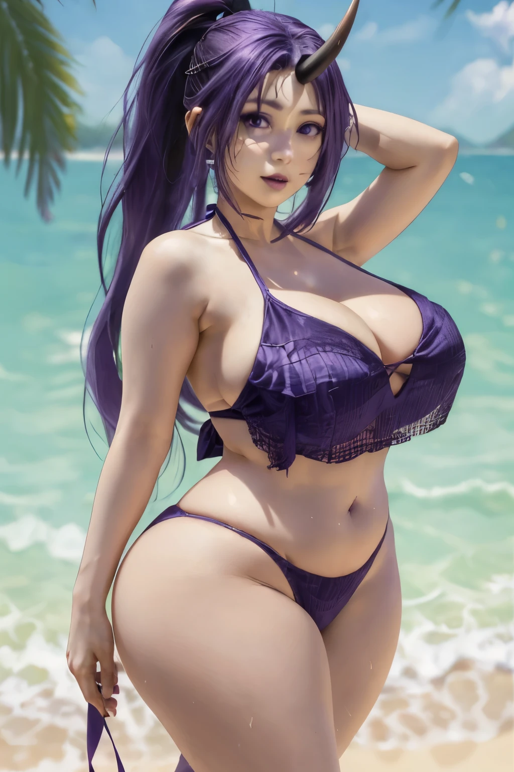 best quality, masterpiece, 8k wallpaper, 1girl, beautiful female monster with one horn in the middle of her forehead, highly detailed and realistic, ShionTensuraNDV, long purple hair, ponytail, ((detailed and realistic)), giant breasts, giant sagging breasts, bikini purple, big cleavage, White skin, perfect face, expressive eyes, wide hips, standing outdoor, perfect, looking at viewer, very high resolution, 4K, high detail, photography, 8K, HDR, high resolution, absurd: 1.2 , Kodak portra 400, film grain, blurred background, bokeh:1.2 , lens flare, (whole body visible), (vibrant_color:1.2), professional photo, (Beautiful,Big_Breasts : 1.4 ), (beautiful_face:1.5),( big_waist)