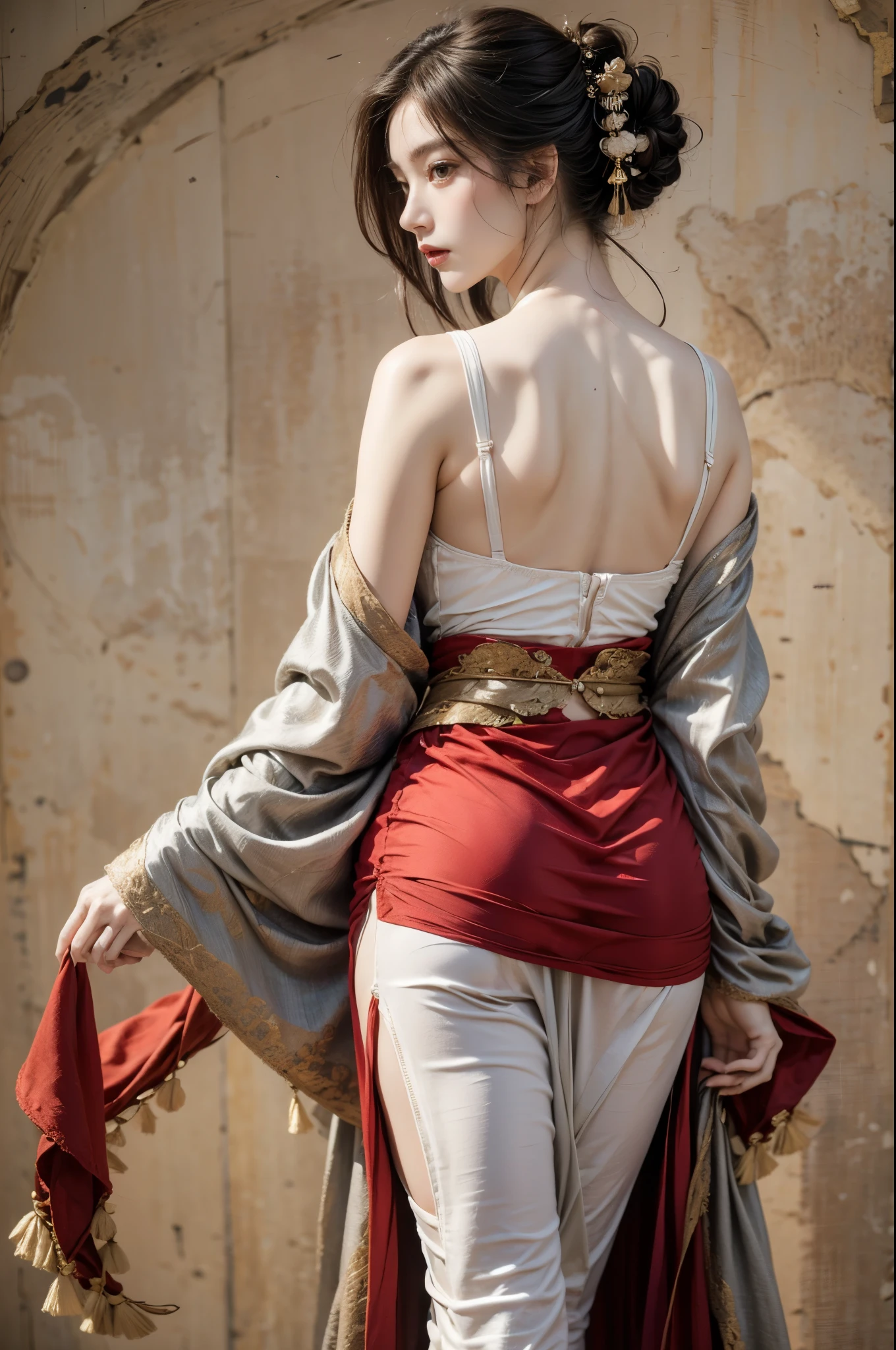 ancient buildings of Chitional style beauty，Silver thread texture,linen texture,Dressed revealingly(red color Hanfu)， Clothing minimalist style，Mixed Chinese and American races，The background is blurred out，focal，(((tmasterpiece))), ((Best quality at best)), ((Complex and detailed)), ((hyper realisitc)), ridiculous resolution, Mature woman, ssee-through, The content is very detailed, lamplight, 1 Sister, (middling), Thin waist and thick hips， Short hair details, black hair color hair, blackstockings，lacy clothing，skirt that wraps around the hips，tightsuit，with faintly visible，cooldress，The body proportions are perfect，（no underwares：1.2），detailed back ground, eyed, （nice hand），Detail hands，looking at viewert，From the front，Lightweight to wear，juicy legs，Deep V large breasts，