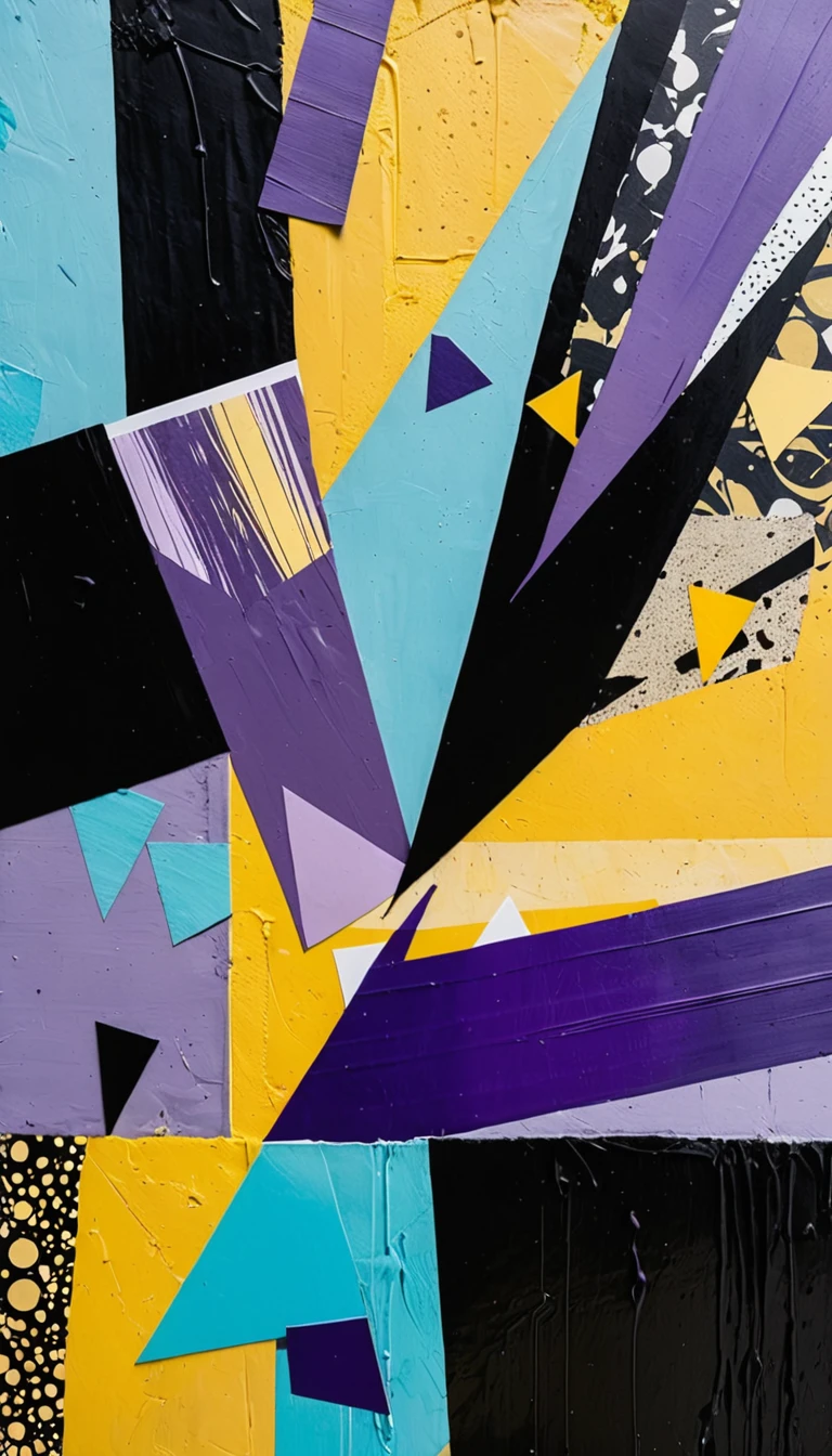 purple and yellow abstract collage, in the style of graffiti-inspired portraiture, light cyan and black, mixed patterns, gutai group, mundane materials, close up;