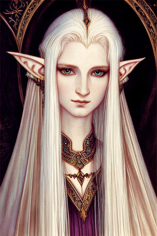 ((best quality)),masterpiece ,detailed, perfect face, painting style, elf, medieval fantasy, White hair, Wizard, Extremely pale skin, Mystic, lady, explorer, elf ear