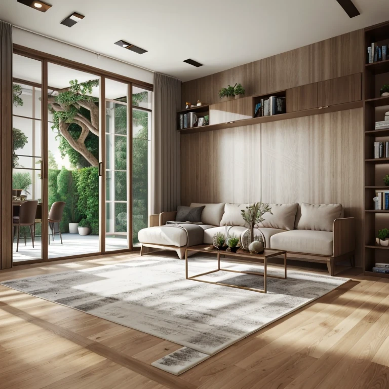 living room with sofa, coffee table, and rug, The interior of the living room design, Beige color scheme, cozy modern living room, Warm living room, cozy The interior of the living room, The interior of the living room, Furniture & Decor, Living Room Interior Design, natural realistic render, high quality 3D rendering, high quality 3D rendering, high-quality render