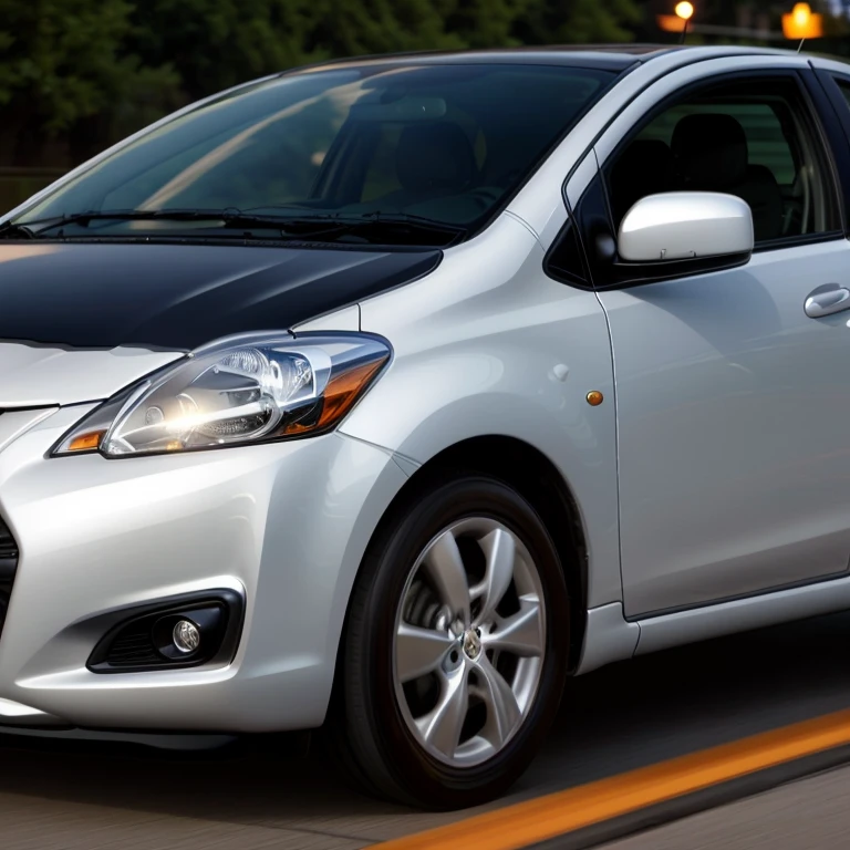 highest quality, A silver Toyota Yaris parked in a busy street at night, 2011, [ Realistic photos ]!!, Sports car style custom,