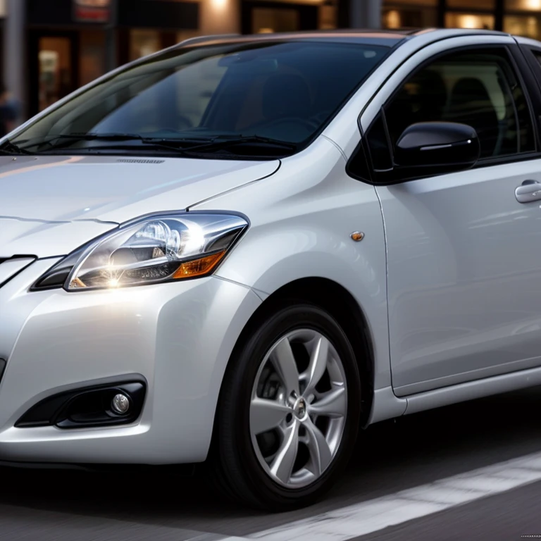 highest quality, A silver Toyota Yaris parked in a busy street at night, 2011, [ Realistic photos ]!!, Sports car style custom,