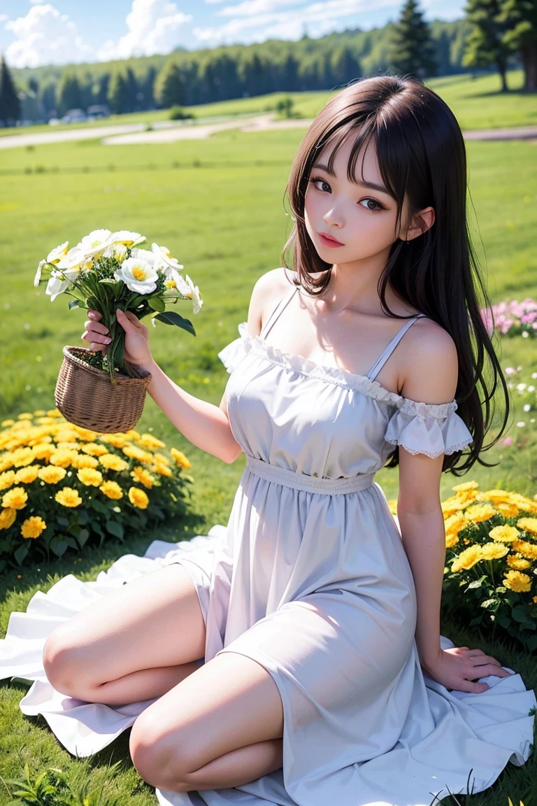 (masterpiece、Super detailed、8K、highest quality:1.5),((very cute)),best image quality, Two-dimensional beauty,short medium hair,(tying hair:1.3),(bright emerald hair,Emerald eyes:1.3),sensual figure,intricate details,charm, realistic texture, charmな,A world of beautiful fresh greenery,(((A flower garden))),He wears white robes all over his body,No sleeve,sitting on one&#39;s knees,smile