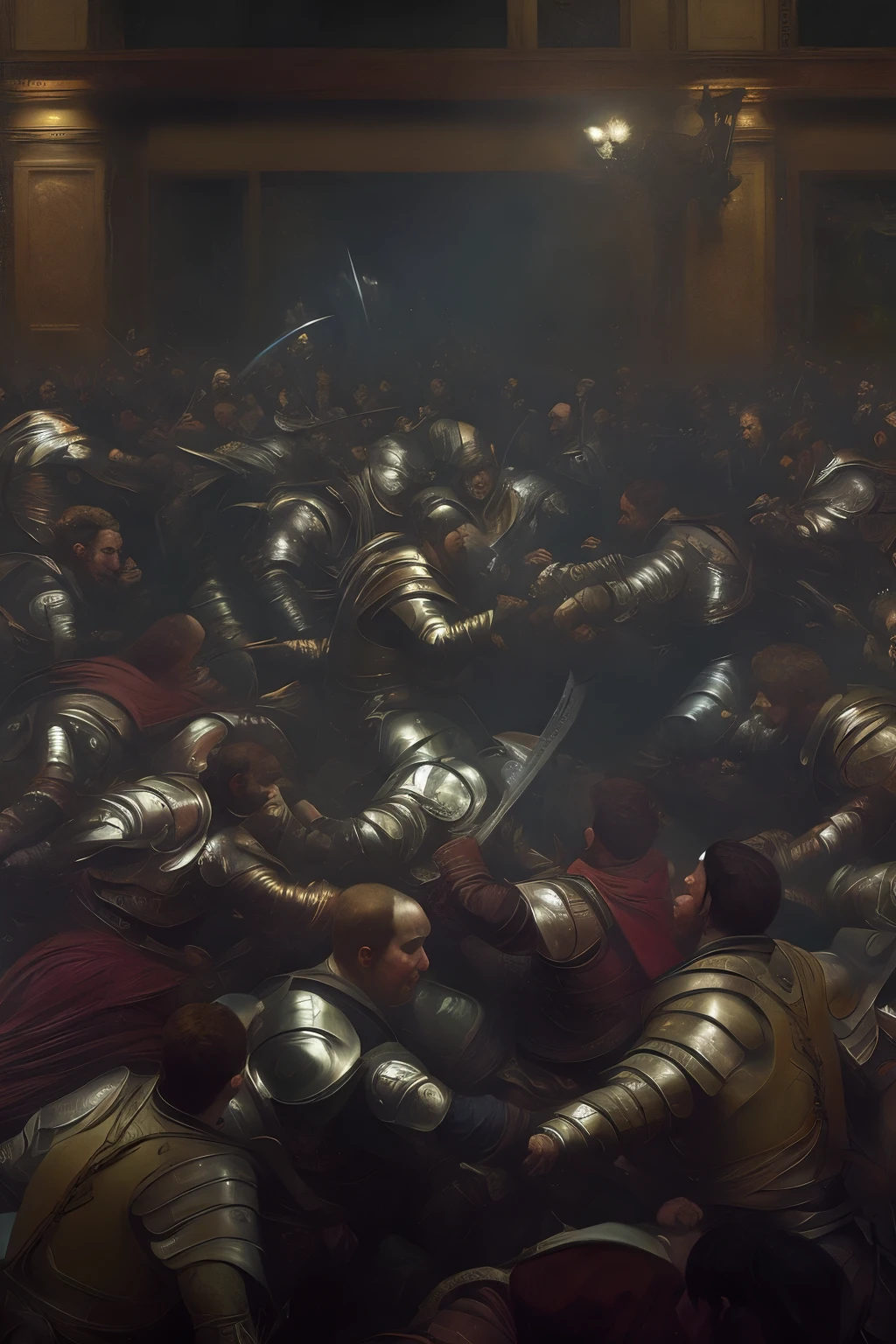 4K image quality,Generate a complex picture with 20 people in armor fighting,Oil painting epic scene,Colors of Repin's paintings,Mucha's pattern in the dark,Game style