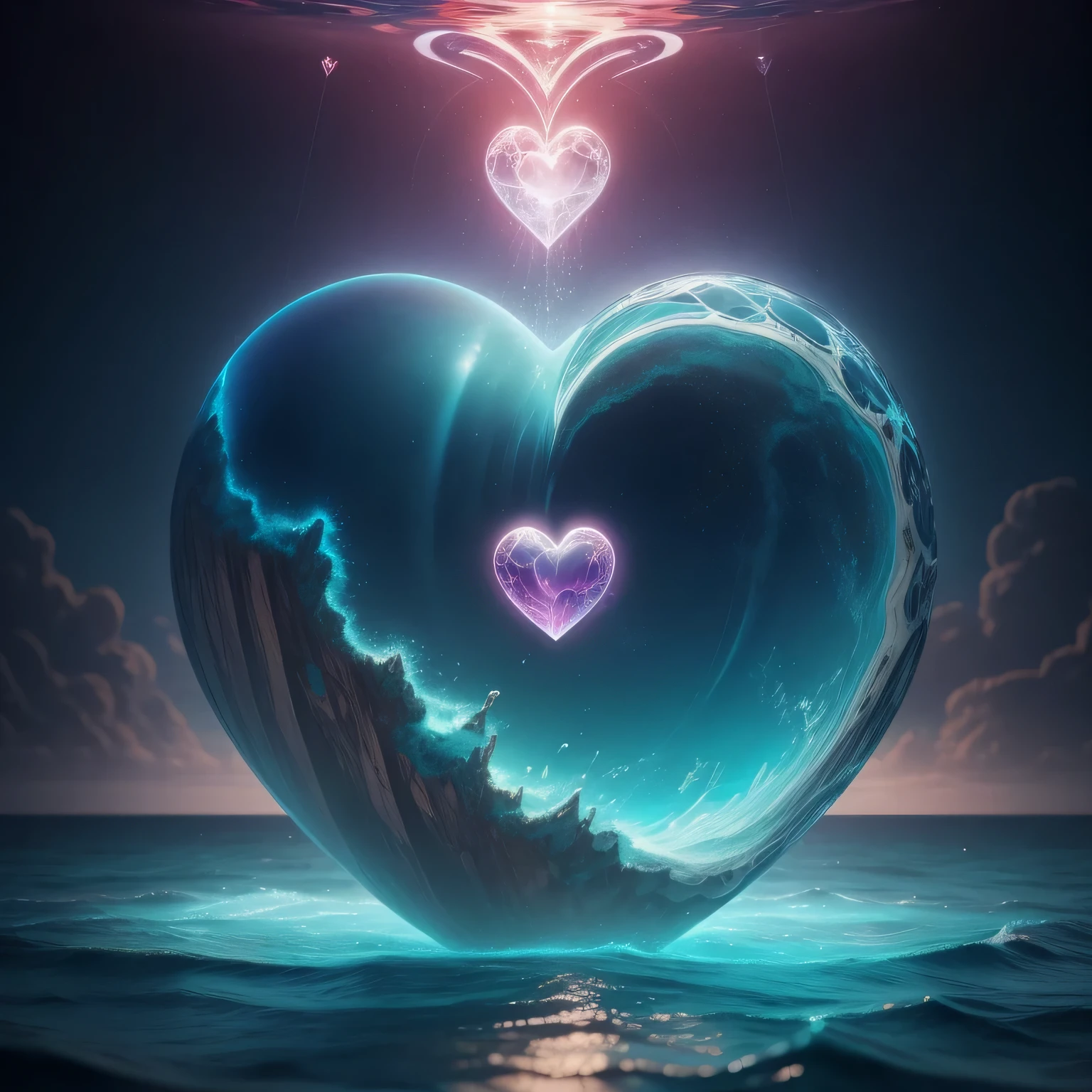 A heart that is an ocean, heart with a ocean inside, surrealist heart, fantasy art, cinema 4d, matte painting, polished, beautiful, colorful, intricate, eldritch, ethereal, vibrant, surrealism, surrealism, vray, nvdia ray tracing, cryengine, magical, 4k, 8k, masterpiece, crystal, romanticism