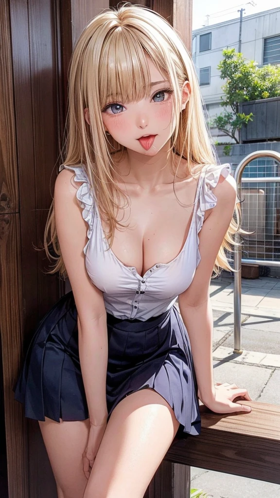 highest quality、4K quality、lean against the wall、Beautiful cleavage、Beautiful Style、tall、Small breasts、Bare buttocks、Small Ass、Shy face、20 year old blonde princess、Bare shouldery skirt is blown up by the wind、ultra detail eye,、casual dress、Holding churros、Stick your tongue out and lick the churros、realistic tongue、My whole body is wet、Small face、Soft skin quality