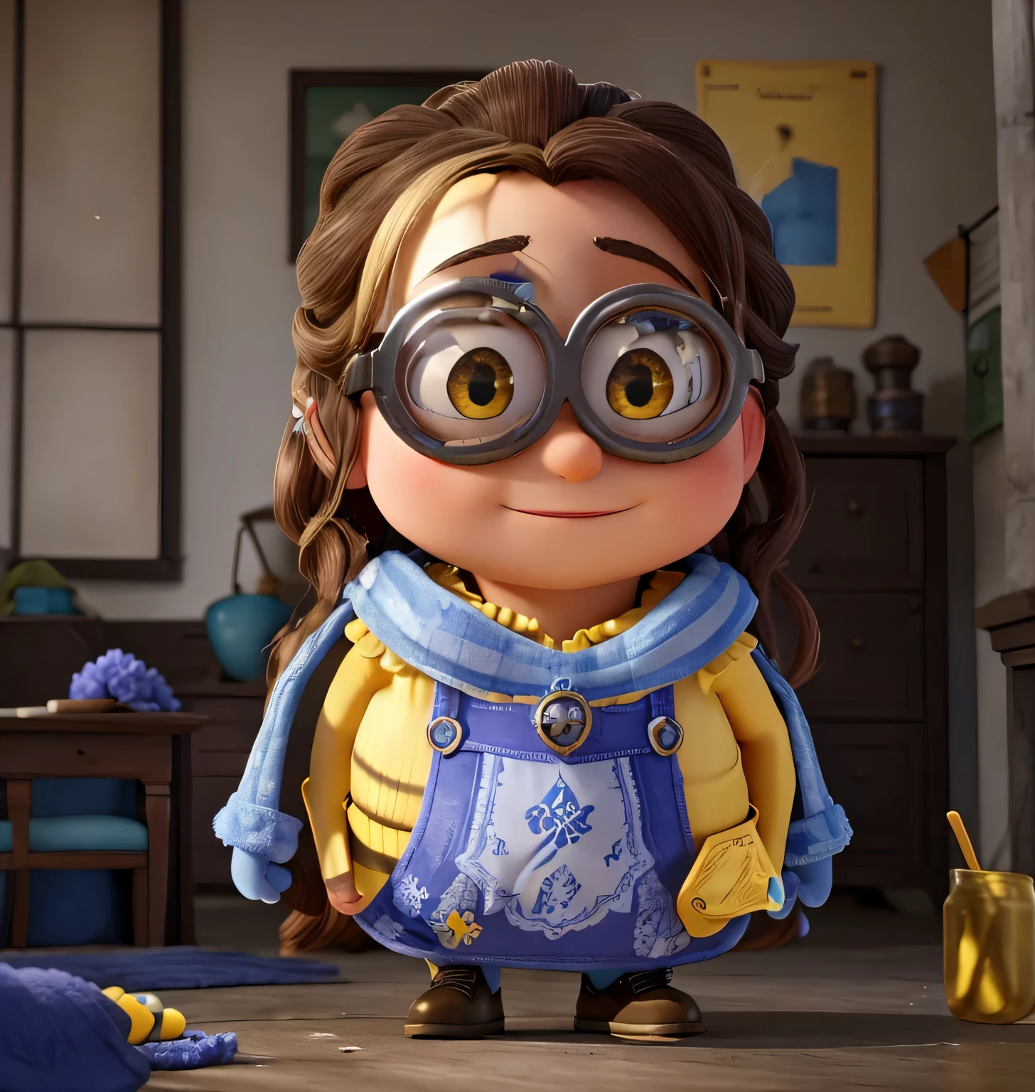 Verwandle diese frau in ein gelb blaues animiertes minion.