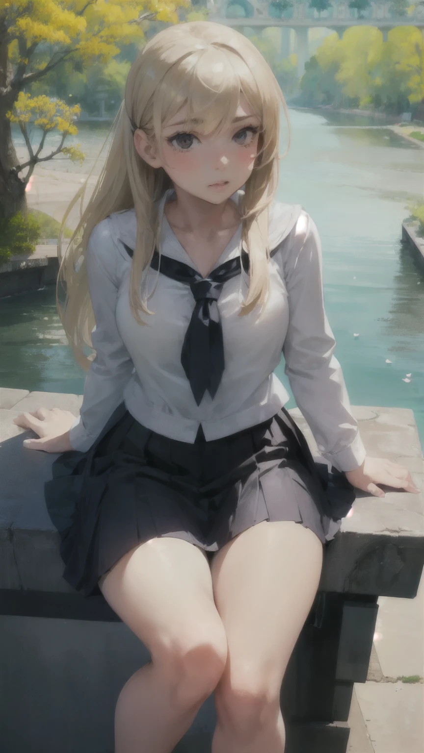 Need,tmasterpiece,Loli,Two people,whaite hair,Golden eyes,Manteau blanc,Look up,full bodyesbian,Hairline,White skin of the,SideBraid,ear studs,White panties fall off from below the knee,Half of the chest is exposed,Little blonde girl sitting side by side on the floor,Open your legs to reveal your panties, Realistic anime little girl rendering, render of a cute 3d anime girl, Anime,Wear a low cut,Miniskirt,Blue and white striped socks,carrying red school bags,saliva