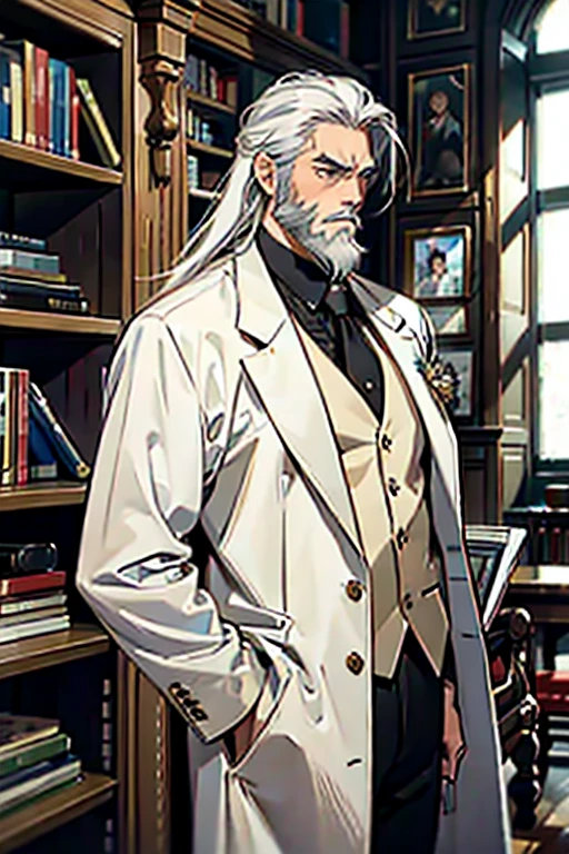 masterpiece , best quality , man , Suit , White hair , Long hair , gentleman , old man with a beard , On the bookshelf , Melancholy expression
