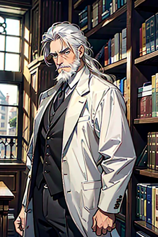 masterpiece , best quality , man , Suit , White hair , Long hair , gentleman , old man with a beard , On the bookshelf , Melancholy expression
