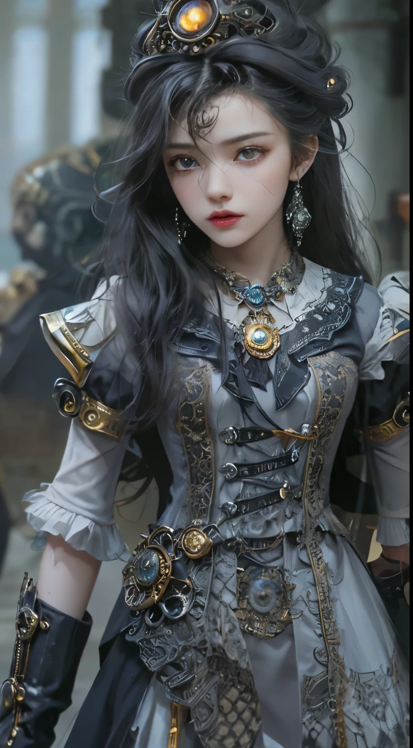 (((Masterpiece, top quality, ultra-detailed))), (((1 Infinity Mage Girl))), 14 years old, (((very detailed face))), small thin nose, small thin-lipped mouth, (((very sharp focused eyes))), very large slit precision pale grey eyes, sparkling like jewels. Very long eyelashes, long black hair in black vertical curls, with fringes, ((Steampunk fashion, Gothic Lolita fashion))