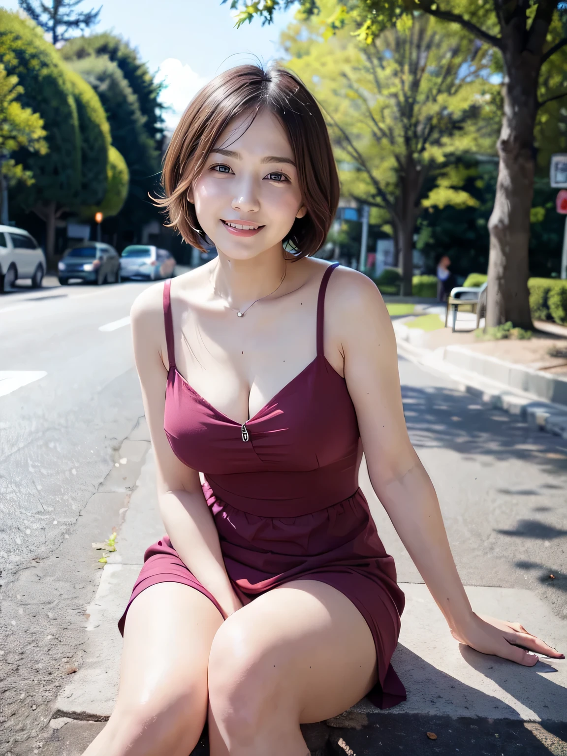 1 Beautiful Japanese Women, (30 years old), mature, Eye for detail,Single eyelid, Brown eyes, Huge breasts, Beautiful summer dresses, Cute Smile, Thighs, Front view, Perfect Anatomy, highest quality, Ultra-high resolution, masterpiece, Realistic:1.3, Sidewalk,pose and look back,Fluffy Bob Cut, Picnic in the park, A park in the middle of the city, Sitting