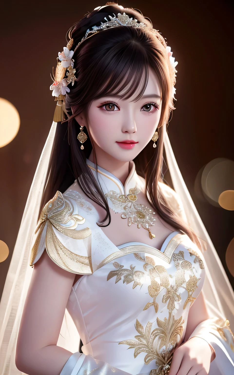 best quality, Masterpiece, high resolution, 1 woman,Chinese Wedding Dresses,hair accessories,necklace, decorate,Beautiful face,above_body, Tyndall Effect,realistic, dark studio, Edge lighting, Two color lights,(Highly detailed skin:1.2), 8K Ultra HD, SLR camera, soft light, High quality, Volumetric light, confess, photograph, high resolution, 4k, 8k, Bokeh