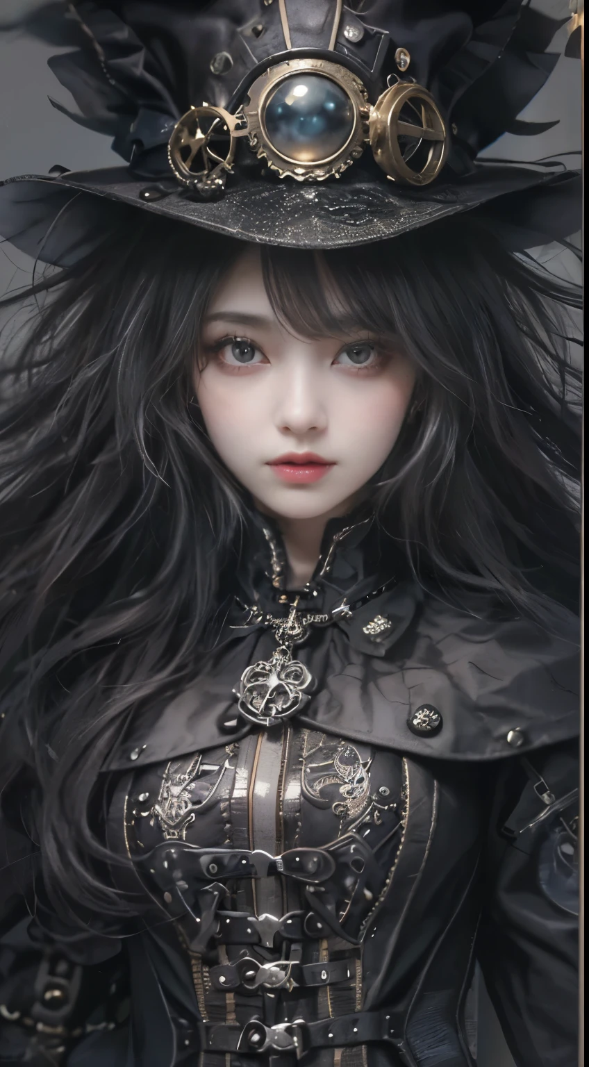 (((Masterpiece, top quality, ultra-detailed))), (((1 Infinity Mage Girl))), s old, (((very detailed face))), small thin nose, small thin-lipped mouth, (((very sharp focused eyes))), very large slit precision pale grey eyes, sparkling like jewels. Very long eyelashes, long black hair in black vertical curls, with fringes, ((Steampunk fashion, Gothic Lolita ion))