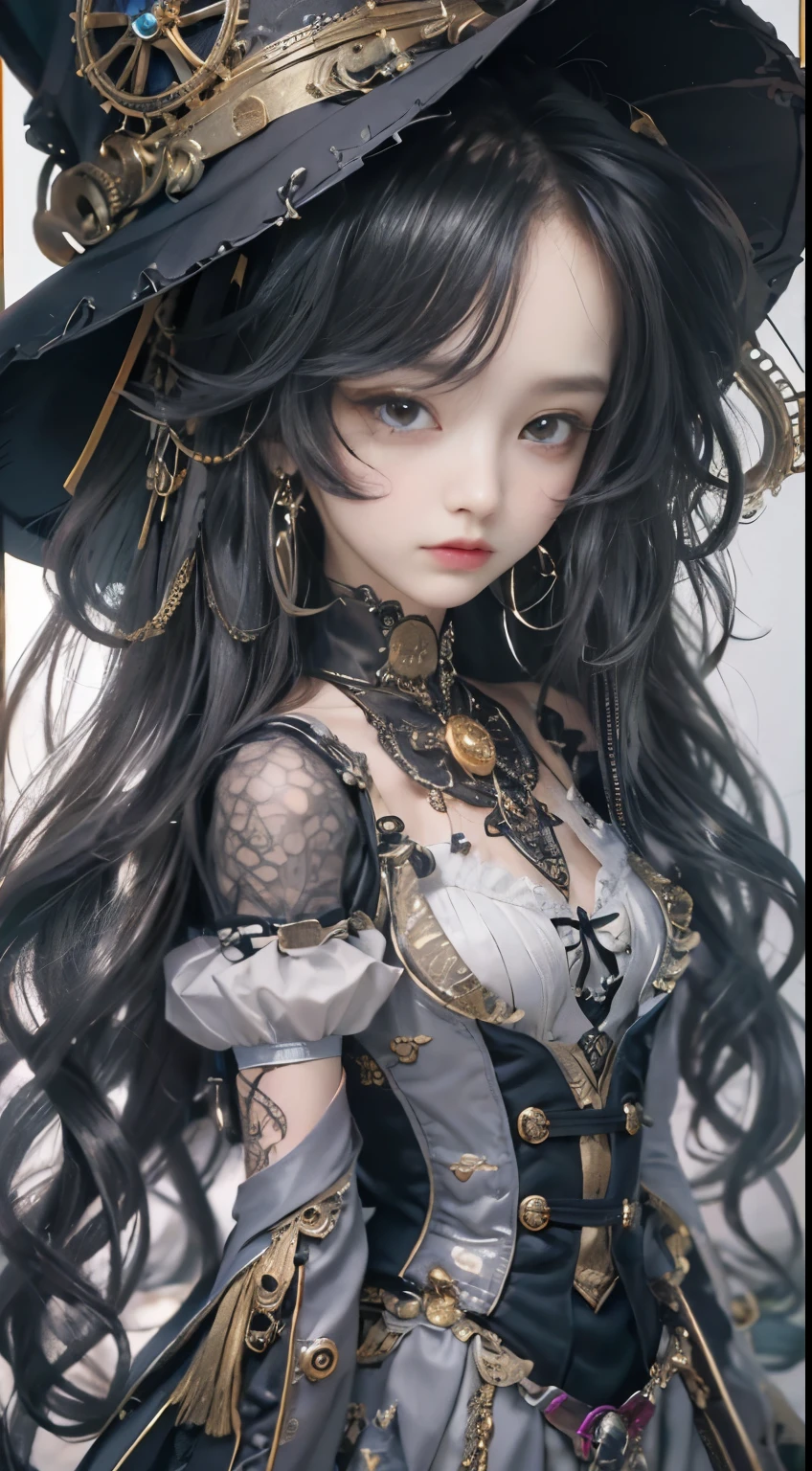 (((Masterpiece, top quality, ultra-detailed))), (((1 Infinity Mage Girl))), 14 years old, (((very detailed face))), small thin nose, small thin-lipped mouth, (((very sharp focused eyes))), very large slit precision pale grey eyes, sparkling like jewels. Very long eyelashes, long black hair in black vertical curls, with fringes, ((Steampunk fashion, Gothic Lolita fashion))