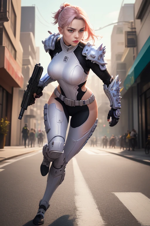 closeup shot, (((masterpiece, best quality, illustration, extremely detailed, 8k, 4k, 2k))), (high res)  A female knsg, ghostsui, wearing white armor, combat armor, holding an electric gun, aimingpistol, and shooting in the street in a futuristic style and video game artstyle.  It is a cyberpunk character design with high resolution, high quality, and high detail. The lighting is cinematic with a full body shot in a photo realistic style (((Action Pose)), Dinamic pose, 