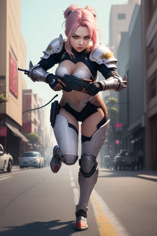 closeup shot, (((masterpiece, best quality, illustration, extremely detailed, 8k, 4k, 2k))), (high res)  A female knsg, ghostsui, wearing white armor, combat armor, holding an electric gun, aimingpistol, and shooting in the street in a futuristic style and video game artstyle.  It is a cyberpunk character design with high resolution, high quality, and high detail. The lighting is cinematic with a full body shot in a photo realistic style (((Action Pose)), Dinamic pose, 